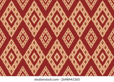 This pattern features layered diamond shapes in shades of red, orange, and beige, creating a bold and rhythmic tribal-inspired design with a sense of depth and movement.