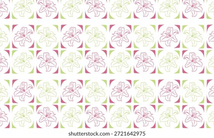 Este patrón presenta lirios con contornos de color rosa pastel, combinados con suaves acentos verdes pastel. Una mezcla armoniosa de Elementos florales y geométricos. Adecuado para diseños ligeros y estéticos.