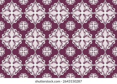 This pattern features ornate floral motifs arranged in a symmetrical diamond layout. The white design stands out elegantly against a rich purple background, giving it a classic and luxurious feel.
