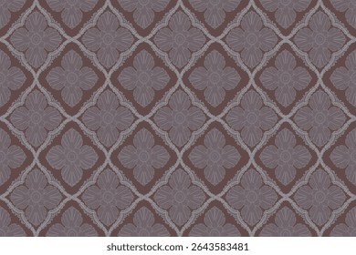 This pattern features ornate floral motifs arranged in a symmetrical diamond layout. The white design stands out elegantly against a brown background, giving it a classic and luxurious feel.