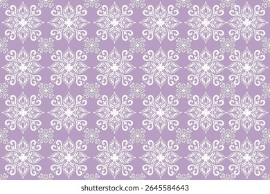 This pattern features ornate floral motifs arranged in a symmetrical diamond layout. The white design stands out elegantly against a rich purple background, giving it a classic and luxurious feel. 