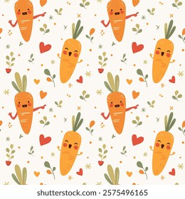 This pattern features playful, cartoon-style carrots with smiling faces, arms, and leafy tops. The background includes small plants, hearts, and stars in warm tones like orange. 