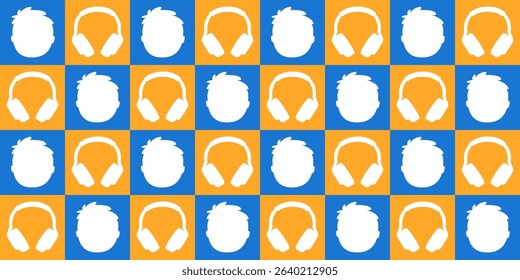 This pattern features a repeating design of white headphones and silhouettes of heads on a blue and orange checkered background, ideal for music-related content, podcasts, or background visuals.