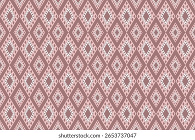 Este padrão apresenta formas de diamante repetidas em tons de rosa sobre um fundo marrom, inspirado em tecidos tradicionais tailandeses. A simetria geométrica cria um olhar ousado, mas elegante, ideal para fab