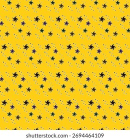This pattern features a seamless design on a yellow background, with diagonally repeating rows of black and dark blue spiral shapes, interspersed with groups of multicolored stars and dots.
