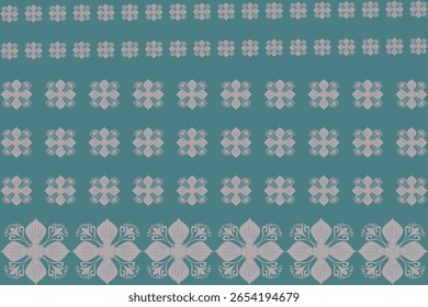 This pattern features small geometric flower motifs arranged in horizontal rows, with larger floral shapes forming a decorative border at the bottom. The teal background enhances the traditional yet m