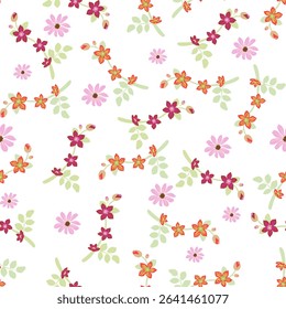 This pattern features small red, orange, and purple flowers with green leaves on a clean white background. Fresh and cheerful, it’s great for decorative items, textiles, or paper products.