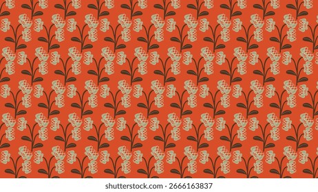 This pattern features stylized cream flowers on dark brown stems with a vibrant orange background, creating a bold, vintage-inspired floral design full of warmth and charm.
