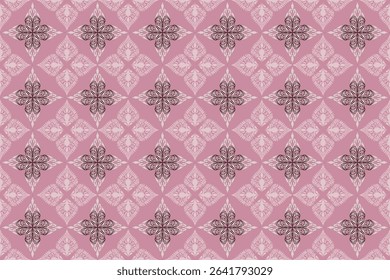 This pattern features symmetrical floral motifs arranged in a grid, creating a soft, geometric look in shades of pink and brown.