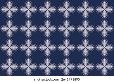 This pattern features symmetrical floral motifs arranged in a grid, creating a soft, geometric look in shades of blue and white.