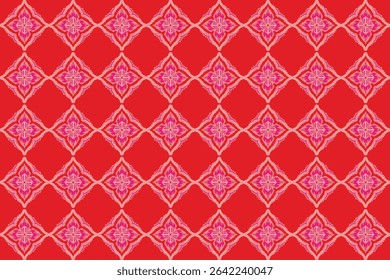 Dieses Muster besteht aus symmetrischen Blumenmotiven, die in einem Raster angeordnet sind und eine weiche, geometrische Optik in Rot- und Rosatönen erzeugen.