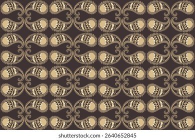 This pattern features a tightly arranged paisley design in beige and dark brown tones. The paisley elements are symmetrical and uniformly spaced, creating a structured, almost geometric visual rhythm.