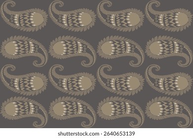 This pattern features a tightly arranged paisley design in beige and dark brown tones. The paisley elements are symmetrical and uniformly spaced, creating a structured, almost geometric visual rhythm.