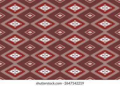 This pattern features tribal-style diamond shapes in red and brown tones, filled with white geometric motifs. The repeated symmetrical layout creates a bold, ethnic-inspired design.