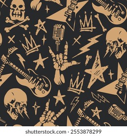 This pattern features various rock music icons including guitars skulls crowns and lightning bolts on a dark background. The design embodies the energy and attitude of rock culture.