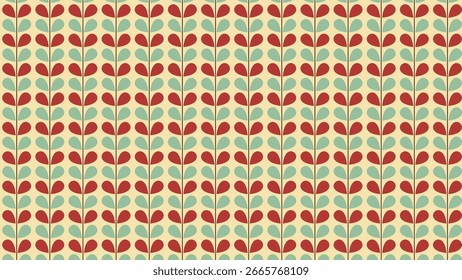 Este padrão apresenta fileiras verticais de folhas estilizadas em forma de lágrima em vermelho e azul-escuro em um fundo bege macio. É retrô, simples, equilibrado e tem uma vibração encantadora e orgânica.