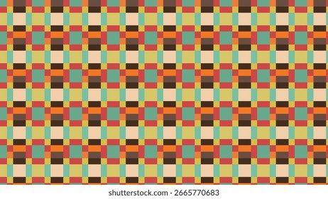 Este padrão apresenta uma grade xadrez vibrante com quadrados azul-petróleo, vermelho, amarelo, laranja, marrom e creme. É arrojado, geométrico, retrô, rítmico e visualmente dinâmico.