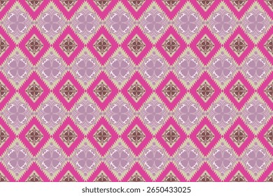 This pattern features a vivid arrangement of pink and violet diamond shapes filled with intricate, symmetrical floral motifs. The bold color contrast and geometric rhythm reflect traditional Thai text