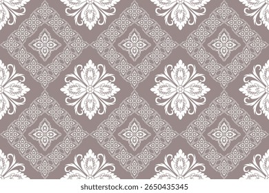 This pattern features white Thai floral motifs within diamond frames on a muted taupe background. The symmetrical design creates a calm, elegant, and traditional textile appearance.