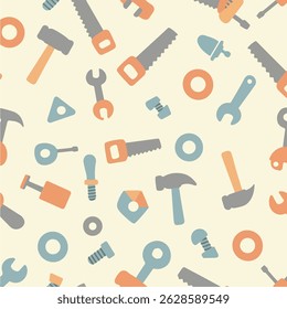 This is a pattern featuring different carpentry tools like hammers, saws, and wrenches in soft colors.