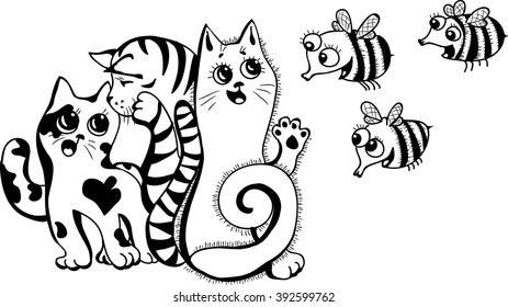 This pattern with frightened cats and funny bees