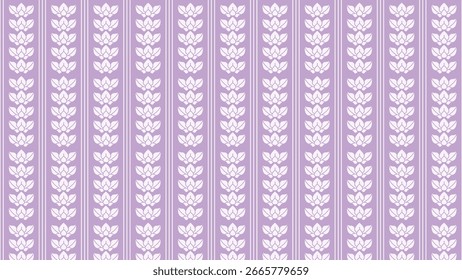 Este padrão tem listras verticais de lavanda com motivos repetidos de flor de lótus branco. É elegante, vintage-inspirado, rítmico, e acrescenta um suave charme feminino.