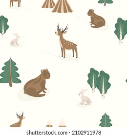 This pattern includes illustrations of Nordic forest animals, like bear, deer, rabbit. 