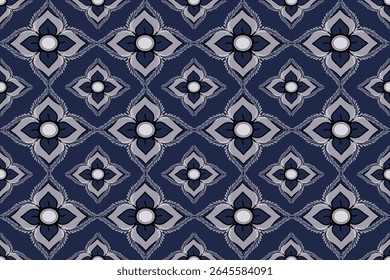 This pattern presents alternating diamond and floral motifs in black and white. The sharp geometric edges and central circular details give it a bold yet balanced traditional textile design.