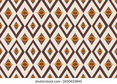 This pattern presents a traditional diamond layout with a clean cream background, dark brown outlines, and warm golden-orange motifs at the center of each diamond. It reflects a classic Thai textile 