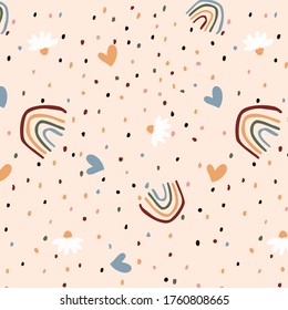 This pattern is rainbow, heart, daisy and polka dot. a suitable pattern for children's fabrics