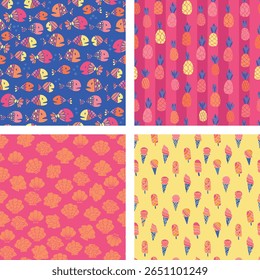 This pattern set is a vibrant, playful celebration of summer, filled with tropical and seaside motifs in a bright, retro color palette of pinks, yellows, oranges, and blues.