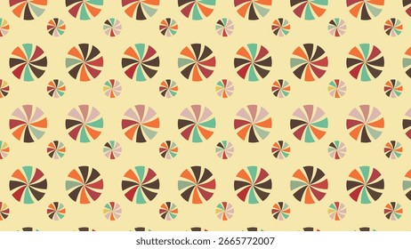 Este padrão exibe círculos coloridos em forma de cata-vento em azul-azulado, laranja, marrom, vermelho e roxo em um fundo bege suave, espalhado uniformemente. É retrô, brincalhão, vivo e visualmente cativante.