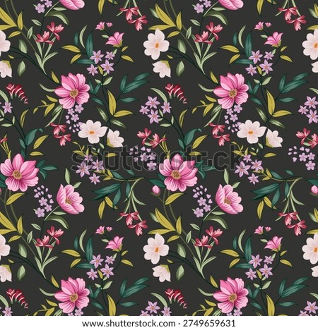 This pattern showcases fine-line botanical art with a focus on graceful, flowing stems. The detailed shading on the petals gives the flowers a realistic, three-dimensional look, while the varied color palette of rose, peach, and violet adds a touch of natural diversity.