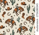 This pattern showcases a rodeo theme with cowboys riding horses hats boots cacti and horseshoes against a light background creating a vibrant Western atmosphere.