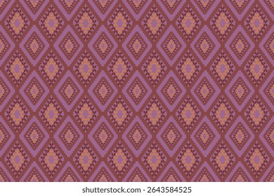 This pattern showcases traditional diamond shapes arranged in a repeating layout. The warm tones of red, orange, and purple create a rich, cultural textile feel with a handcrafted look.