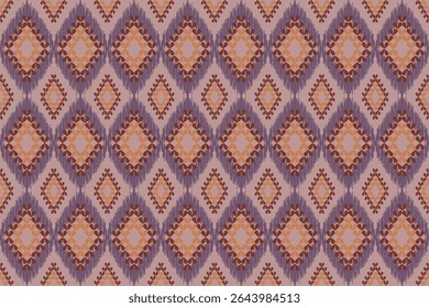 This pattern showcases traditional diamond shapes arranged in a repeating layout. The warm tones of orange, and purple create a rich, cultural textile feel with a handcrafted look.