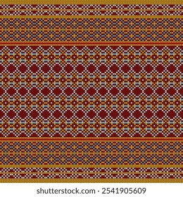 This pattern showcases a vibrant and intricate design reminiscent of traditional embroidery or weaving techniques. The repeating geometric motif, featuring a diamond shape, 