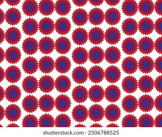 This pattern showcases vibrant red and blue sunburst shapes on a white background, creating a dynamic, energetic design. The sharp, geometric motifs repeat seamlessly, making it perfect for modern dec