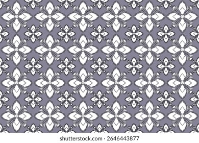 This pattern showcases white floral motifs arranged in a diamond grid on a muted purple background. Each flower has symmetrical petals and is accented with fine line details for elegance.