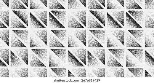 This pattern shows diagonal black-dotted triangles within white squares, forming a sharp, geometric tessellation with smooth fading dots creating rhythmic contrast in black and white.