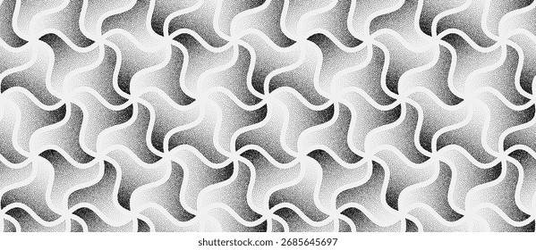 This pattern shows flowing, wavy shapes with smooth black dotted gradients that create a soft, layered texture and a sense of fluid depth against a white background.