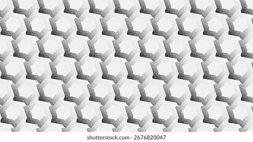 This pattern shows interlocking hexagonal shapes with dotted shading that creates a 3D textured illusion, combining black and white dots in a rhythmic, geometric tessellation.