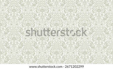 This pattern shows a soft green damask design with intricate swirls and floral motifs, evoking an elegant vintage mood with timeless, classic charm.