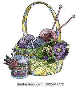 This patterned craft basket is decorated with a bouquet of flowers drawn in a tangle style. A ball of yarn and knitting needles with decorative patterns. Pin cushion with needles