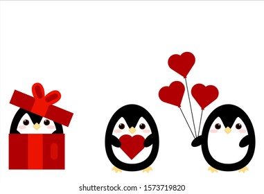 This is penguin in box and penguin with heart shaped balls. Cartoon cute illustration on white background.