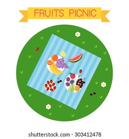 This is perfect flat design illustration of picnic topic. All you need for summer time picnic is here. A lot of fruits and berries, vegan and raw food.