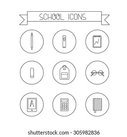 This is perfect linear design icon of school topic.All you need for back to school bagpack,  notebooks, pens, pencil,reader. School icons is ready for web, infographic or at you will.
