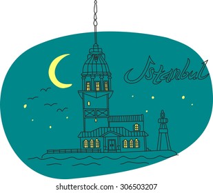 This is perfect linear hand drawn style illustration of Lighthouse Bosphorus topic. The most famous landmark. Perfect for web, banners, advertising and at you will.