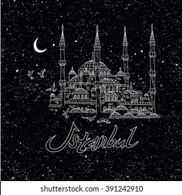 This is perfect linear handdraw style illustration of Istanbul topic. The most famous landmark vintage chalk style. Sultan Ahmet mosque. Perfect for web, banners, advertising and at you will.