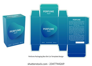 This perfume packaging box is designed to impress with its refreshing, cooling, and modern look inspired by aqua. Includes editable die cut, creasing lines, and a vector preview mockup.